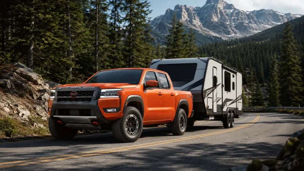 2025 Nissan Frontier PRO-4X towing a dual-axle travel trailer on a mountain road