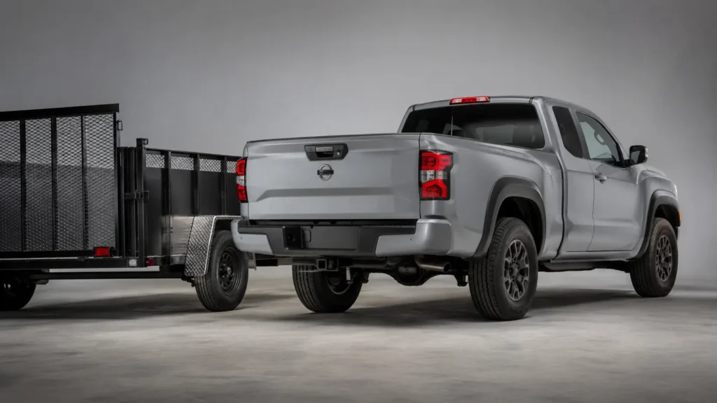 Nissan Frontier King Cab 4x2 parked beside a utility trailer in a studio setting
