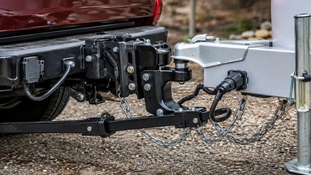 Close-up of a Class IV weight-distributing hitch with safety chains and 7-pin connector
