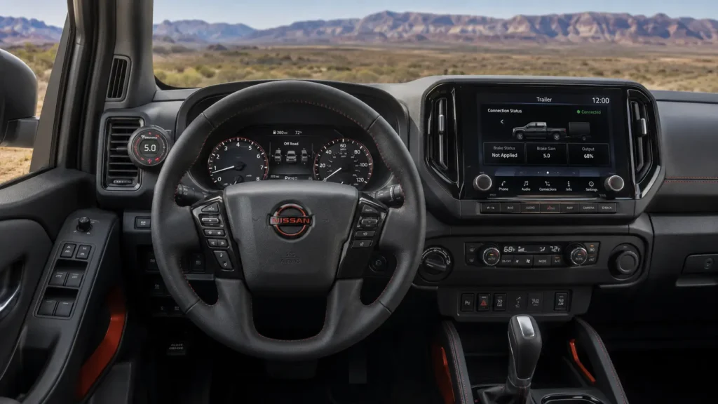 Nissan Frontier interior showing trailer brake controller and trailer connection status screen