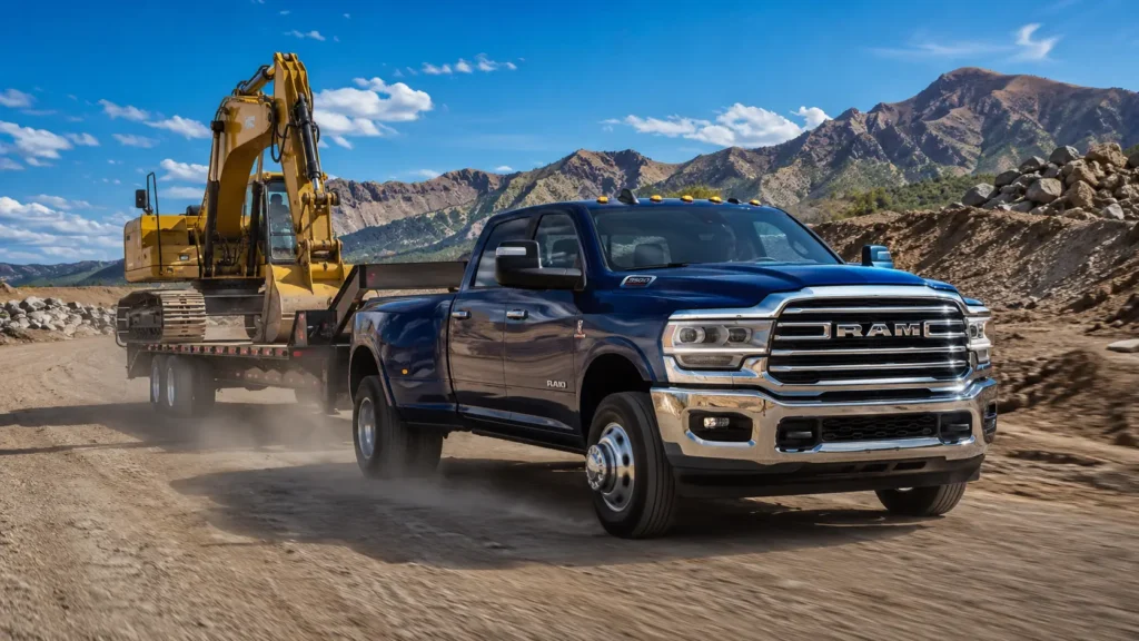 2024 Ram 3500 Dually towing a gooseneck trailer with a yellow excavator on a dusty construction road