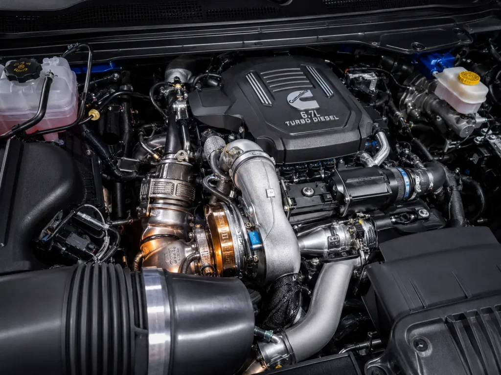 Close-up of the 6.7L Cummins High Output turbo diesel engine bay in a 2024 Ram 3500