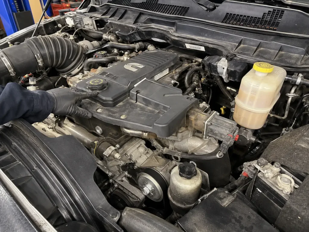 6.7 Cummins engine bay showing oil and fluid service points