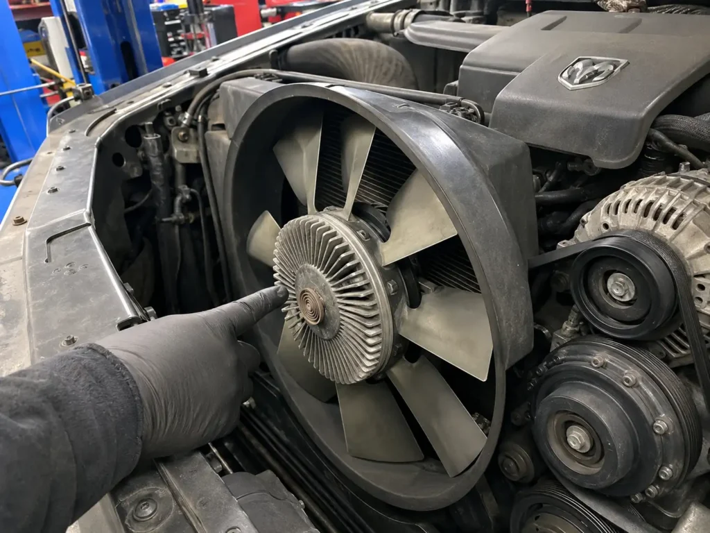 Dodge Ram fan clutch symptoms checked with engine off.
Ram fan clutch close up, truck fan clutch inspection, Dodge Ram cooling fan, mechanic checking radiator fan, fan clutch diagnosis