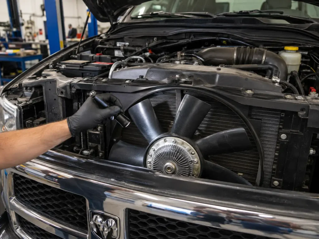 Dodge Ram fan clutch symptoms inspection in engine bay.
Dodge Ram fan clutch, Ram 1500 engine bay, truck cooling fan, radiator fan clutch, Ram repair workshop