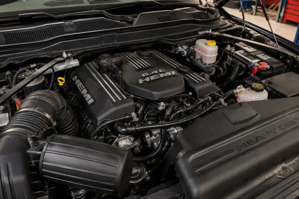 6.4 Hemi V8 engine bay in 2014 Ram 3500 Heavy Duty
6.4 Hemi engine bay, Ram HD 6.4L V8, 392 Hemi truck engine, Ram 2500 3500 6.4 Hemi engine