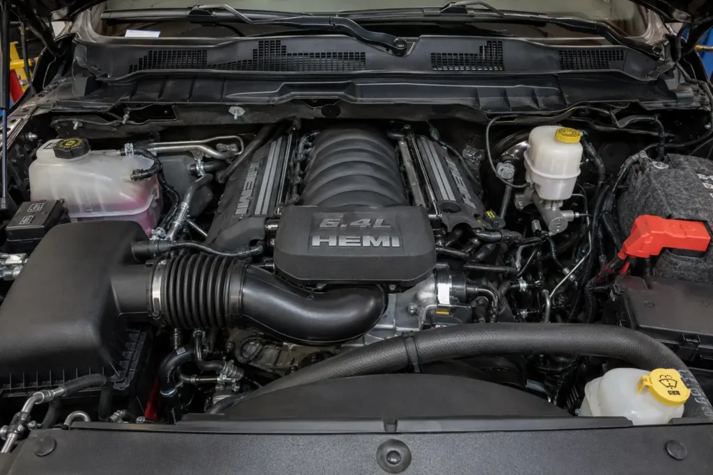 6.4 Hemi V8 engine bay closeup showing intake manifold on Ram 3500