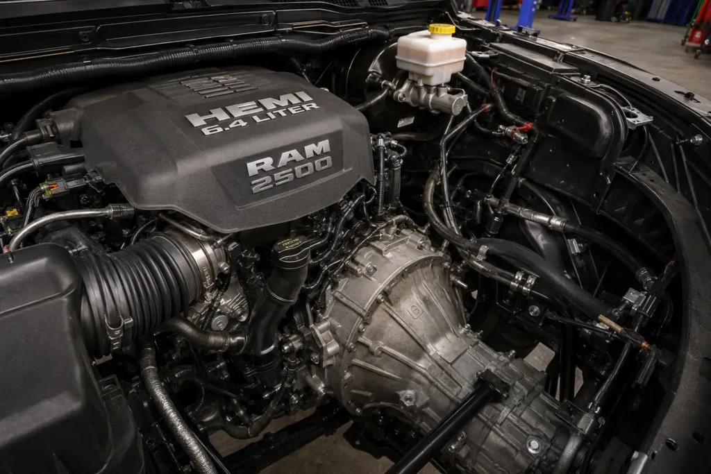 6.4 HEMI V8 engine bay in a 2019 Ram 2500 heavy duty truck