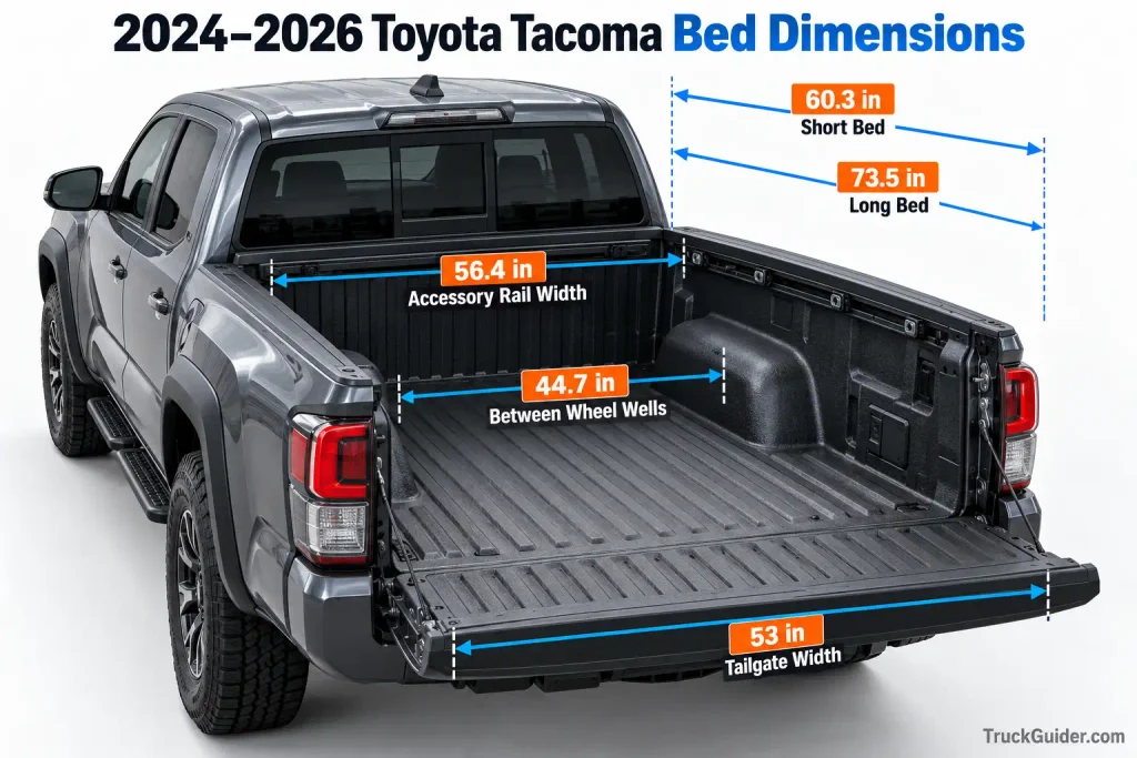 2024-2026 Toyota Tacoma bed dimensions showing length, width and wheel well measurements