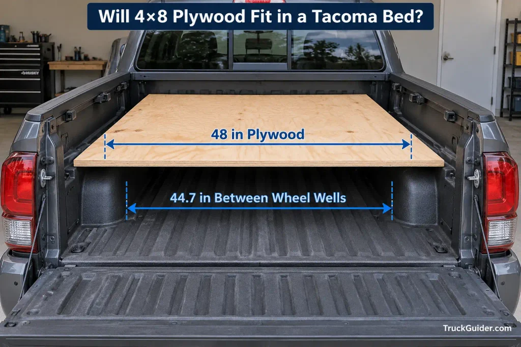 4x8 plywood sheet in Toyota Tacoma bed showing 44.7 inch wheel well clearance