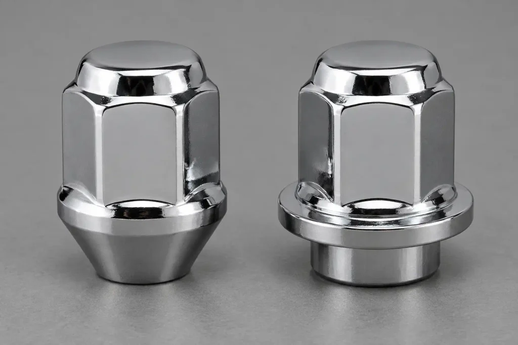Cone-type and flanged lug nuts shown side by side