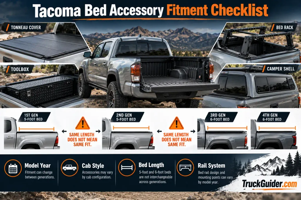 Toyota Tacoma bed accessory fitment guide for tonneau cover, rack, toolbox and camper shell