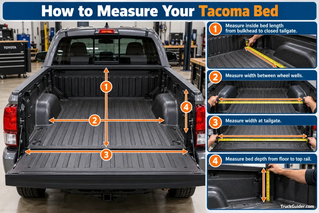 How to measure Toyota Tacoma bed length, width, wheel wells and depth