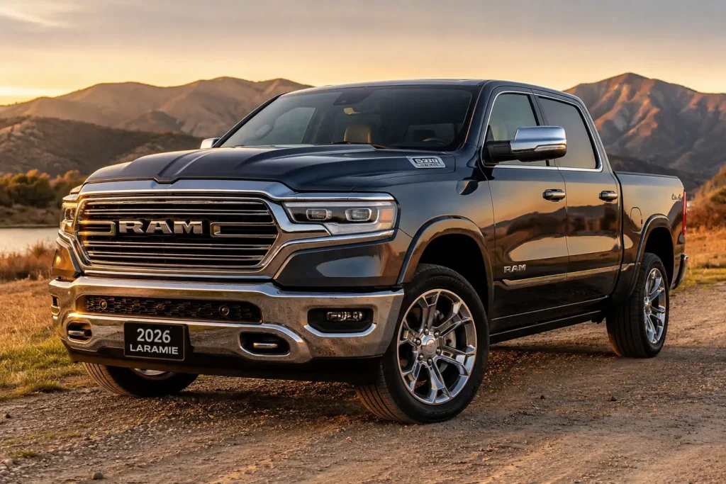 2026 Ram 1500 with 5.7 Hemi V8 badge visible outdoors.
Ram 1500 truck exterior, Ram 1500 HEMI badge, Ram pickup golden hour, Ram 1500 2026