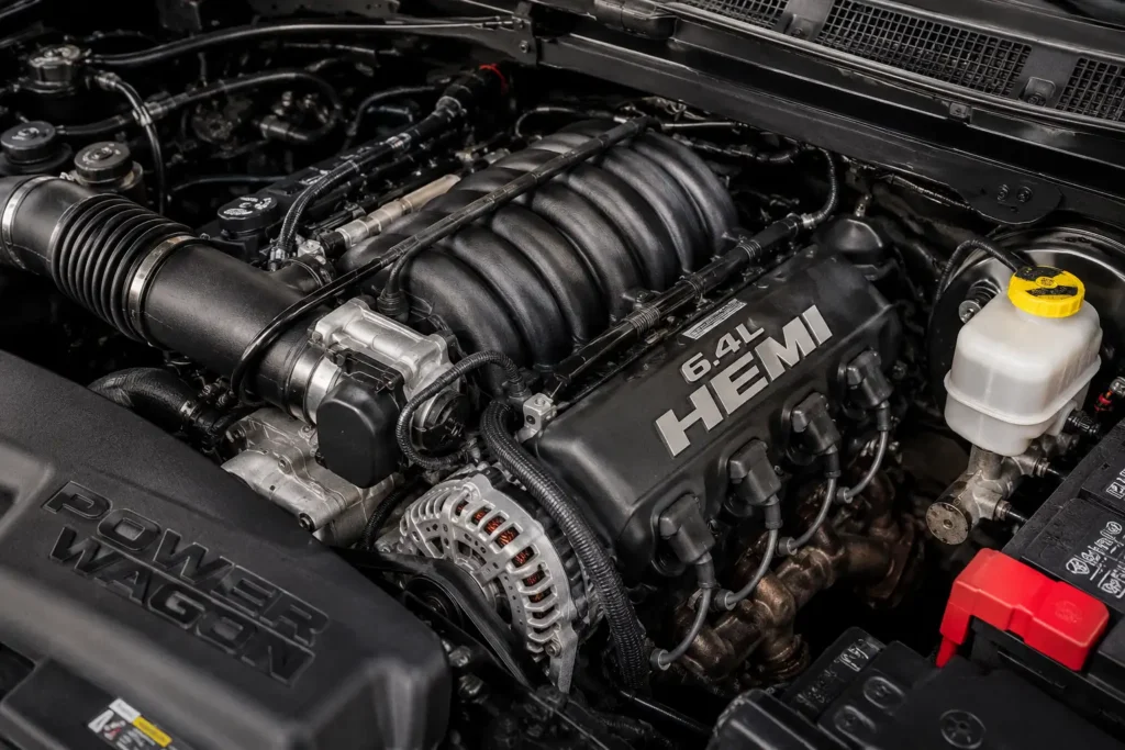 Ram 2500 6.4 Hemi V8 engine bay closeup view.
Ram 2500 engine bay, 6.4 Hemi engine, Power Wagon engine, Ram HD V8 closeup