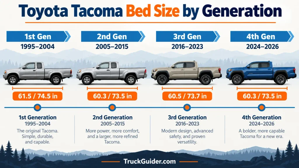 Toyota Tacoma bed size by generation from 1995 to 2026