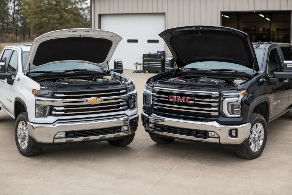6.6L Duramax diesel engine bay in a GMC Sierra HD pickup truck