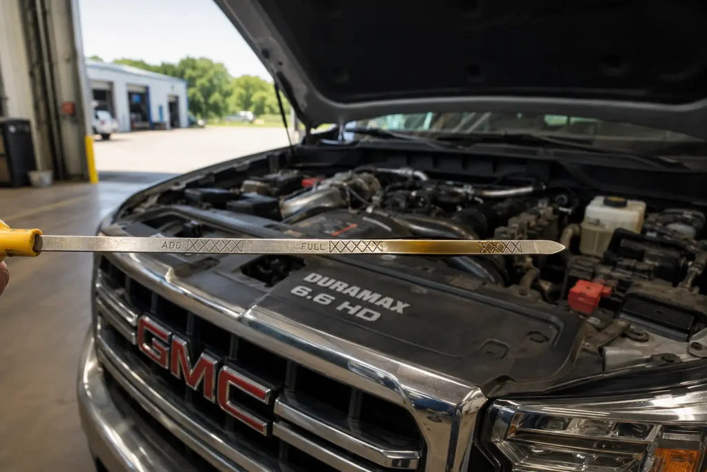 Duramax oil capacity check on GMC Sierra 2500HD dipstick.