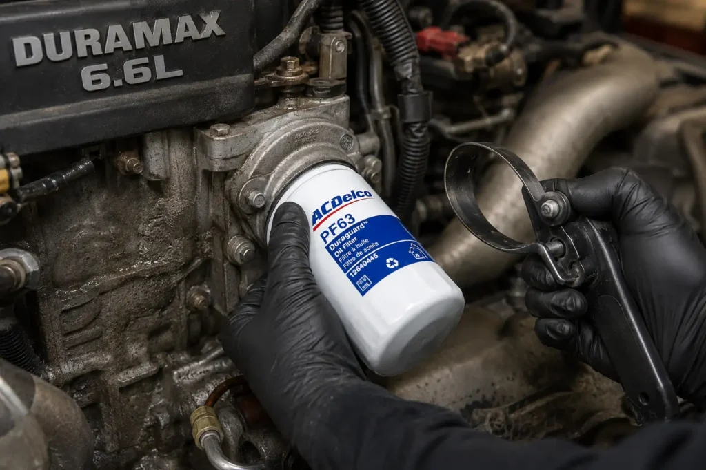 ACDelco PF63 oil filter installation on 6.6L Duramax engine.