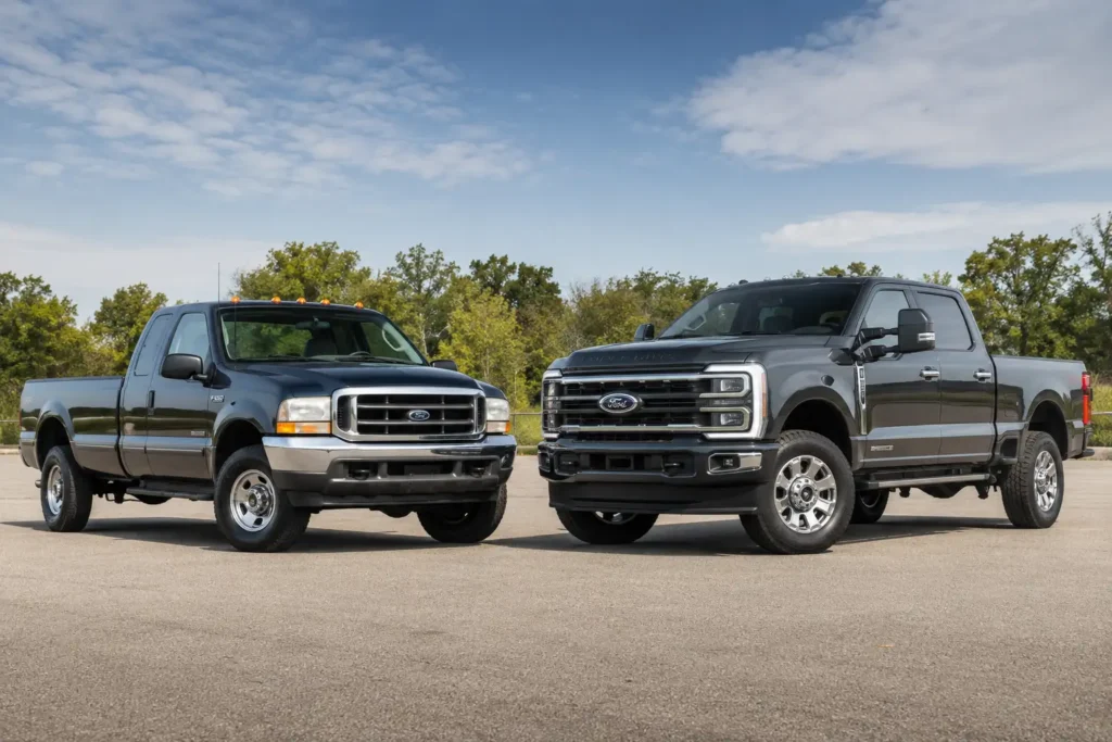 Older and newer Power Stroke diesel truck generations side by side
