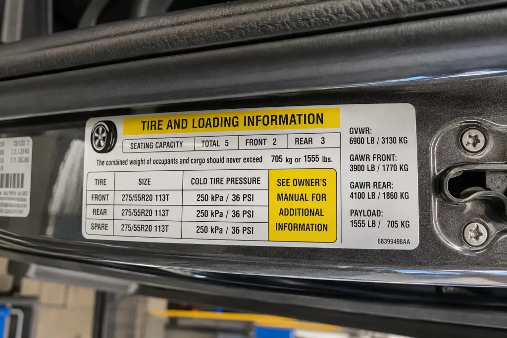 Ram 1500 door jamb sticker showing GVWR and payload rating