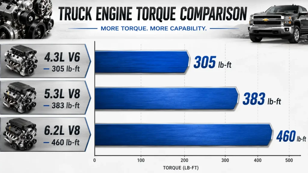 torque differences between a 4.3L V6, 5.3L V8, and 6.2L V8 engine