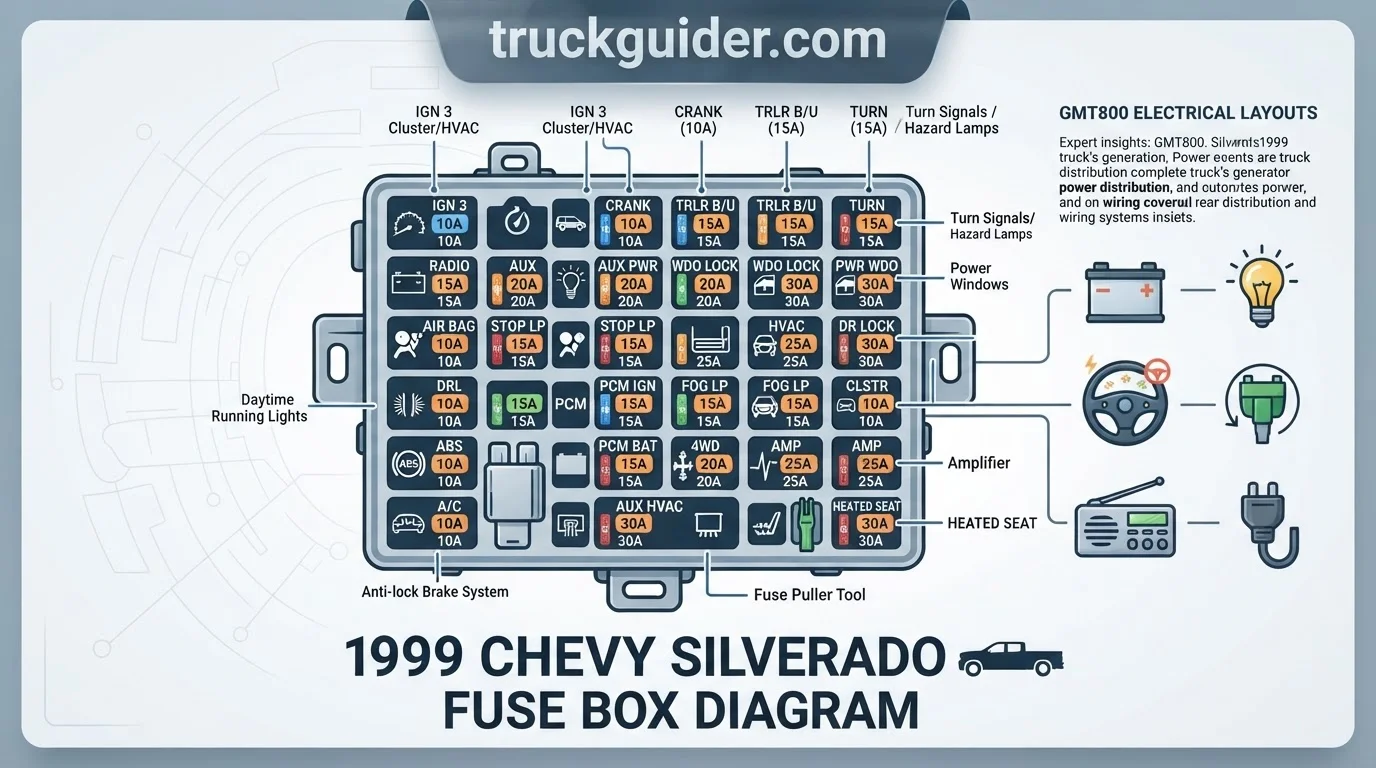 1999 chevy silverado fuse box diagram with labeled components and connections