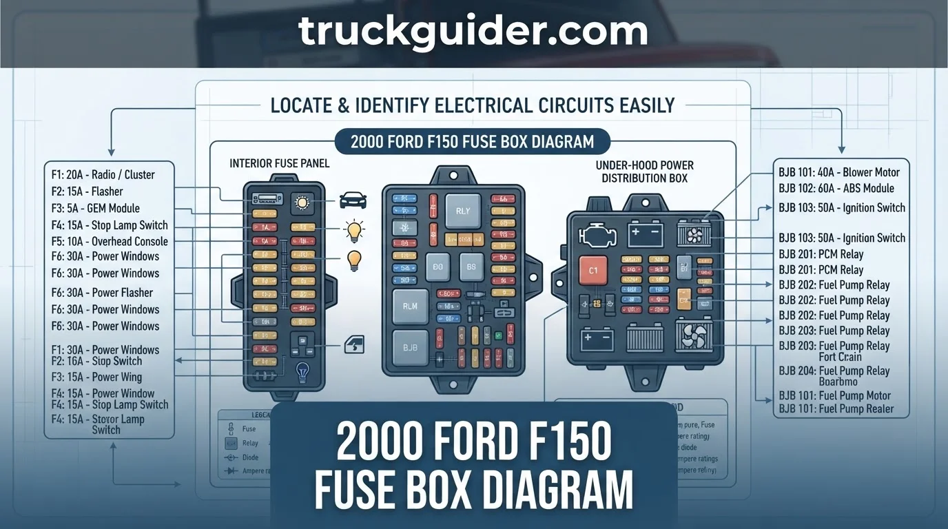 2000 ford f150 fuse box diagram with labeled components and connections