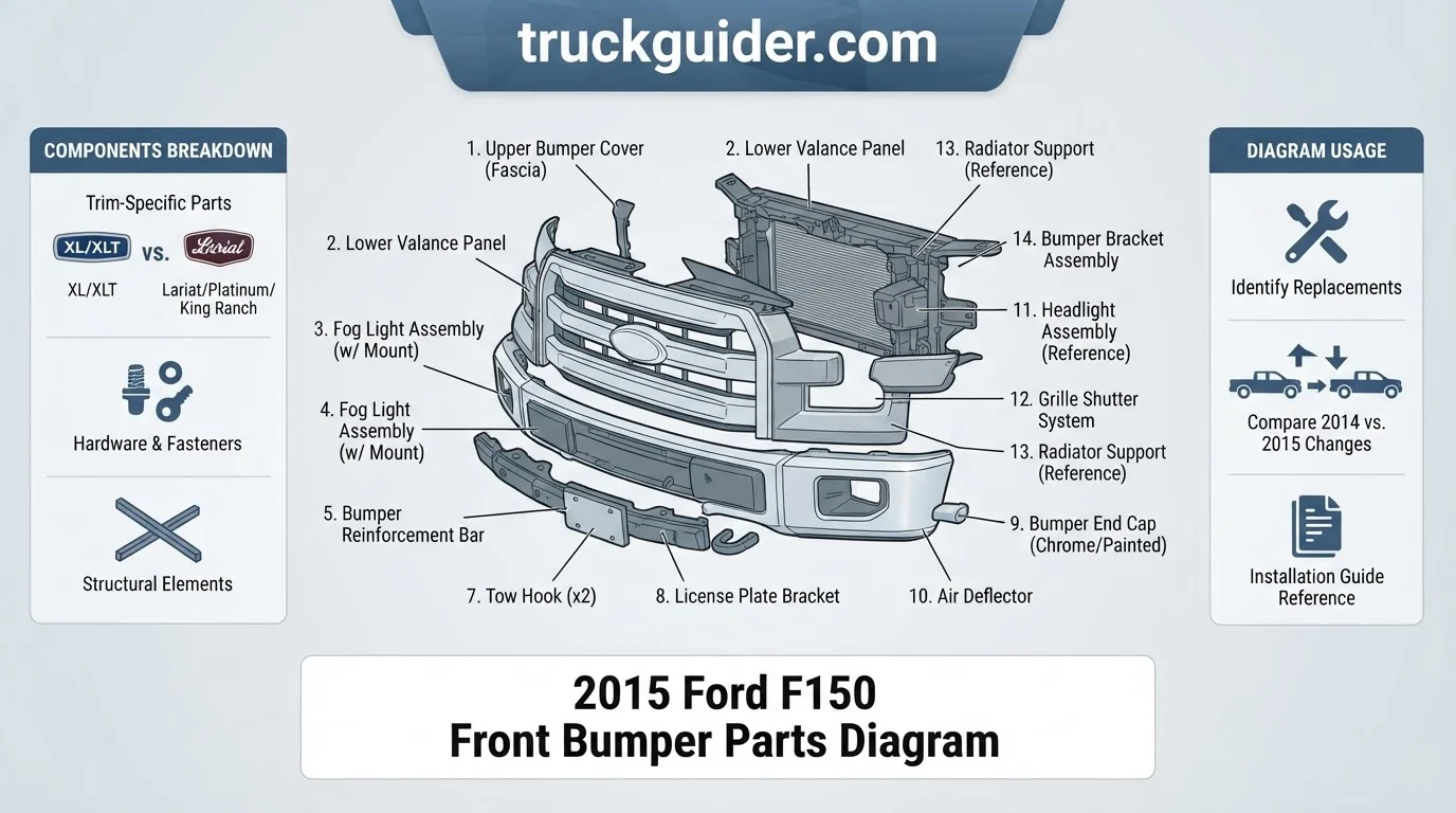 2015 ford f150 front bumper parts diagram with labeled components and connections