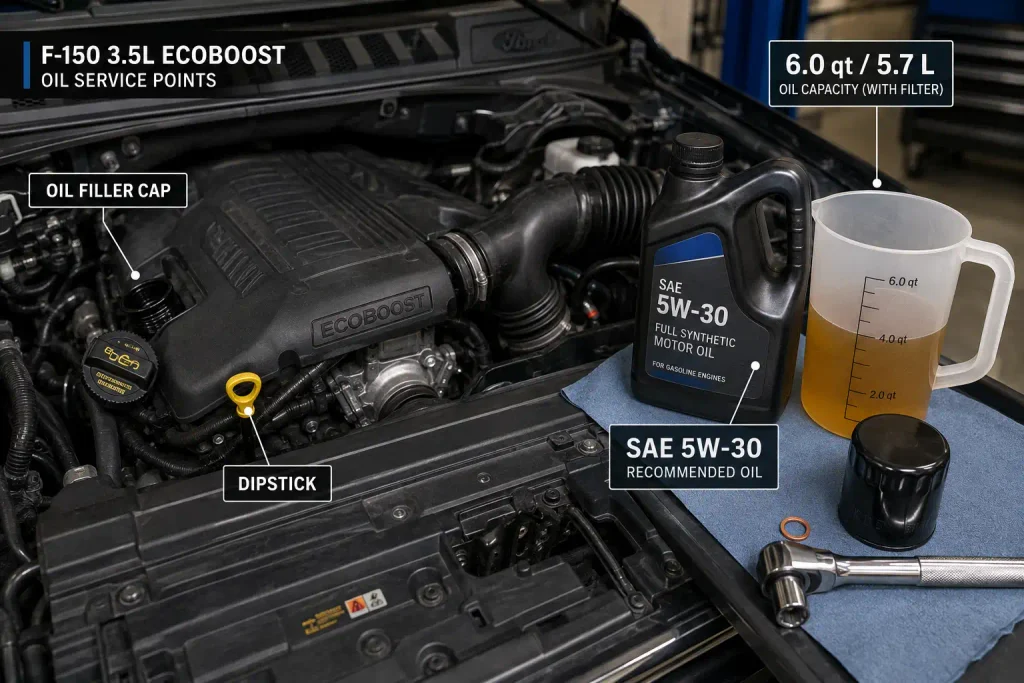 3.5 EcoBoost engine showing six quart oil capacity reference