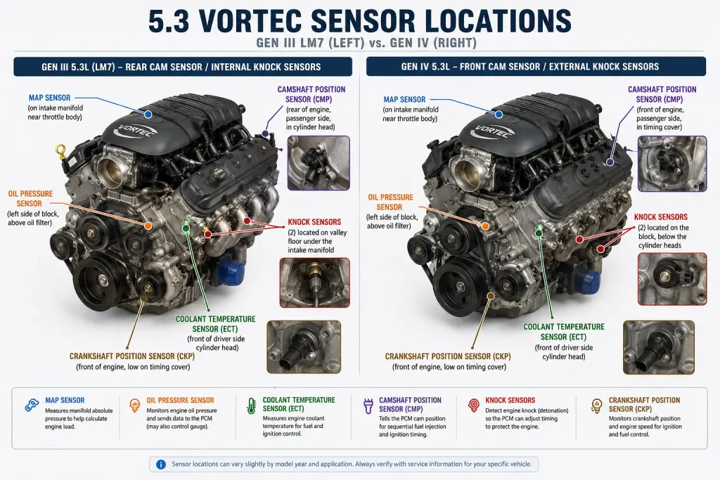 5.3 Vortec sensor locations showing Gen III and Gen IV differences