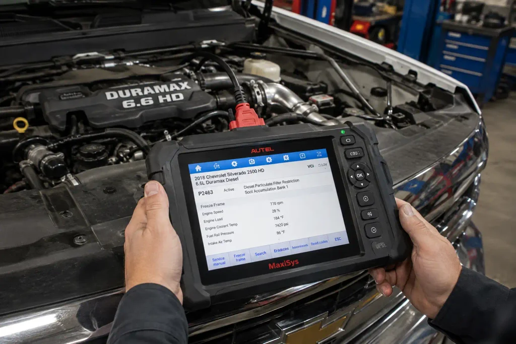 OBD scanner diagnosing 6.6 Duramax problems on Silverado HD