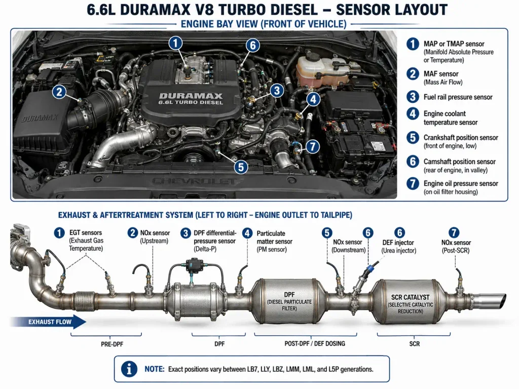 6.6 Duramax sensor location diagram showing engine and exhaust sensors