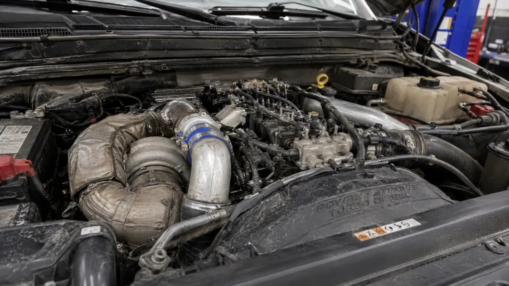 6.7 Powerstroke diesel engine bay showing turbocharger and fuel system components