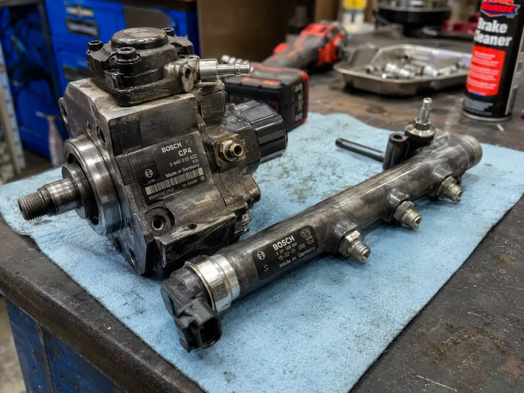 Bosch CP4 high-pressure fuel pump removed from a 6.7 Powerstroke diesel