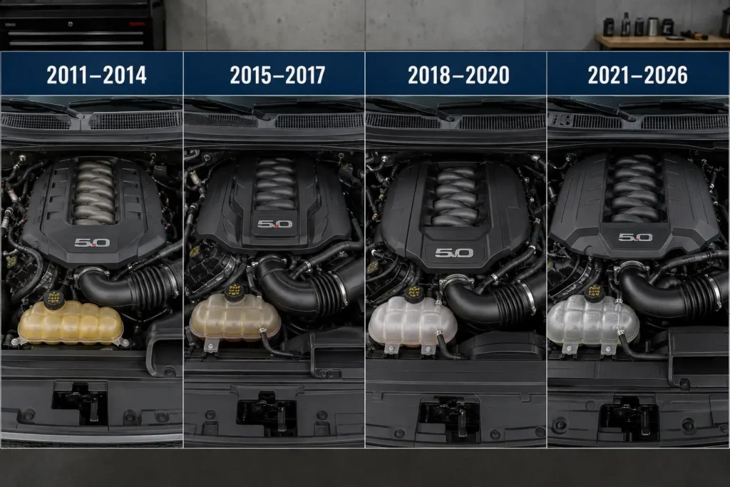 Four Ford F-150 5.0 Coyote generations from 2011 to 2026