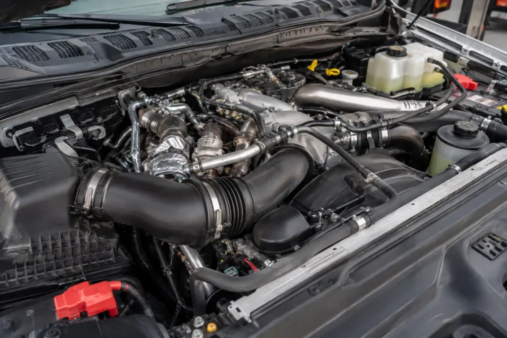 Ford 6.7L Power Stroke V8 engine bay showing diesel components