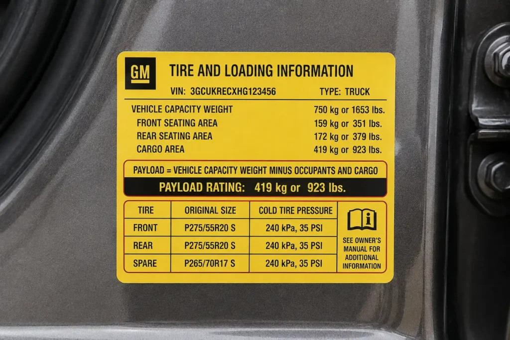 Silverado 1500 door jamb sticker listing certified payload capacity rating