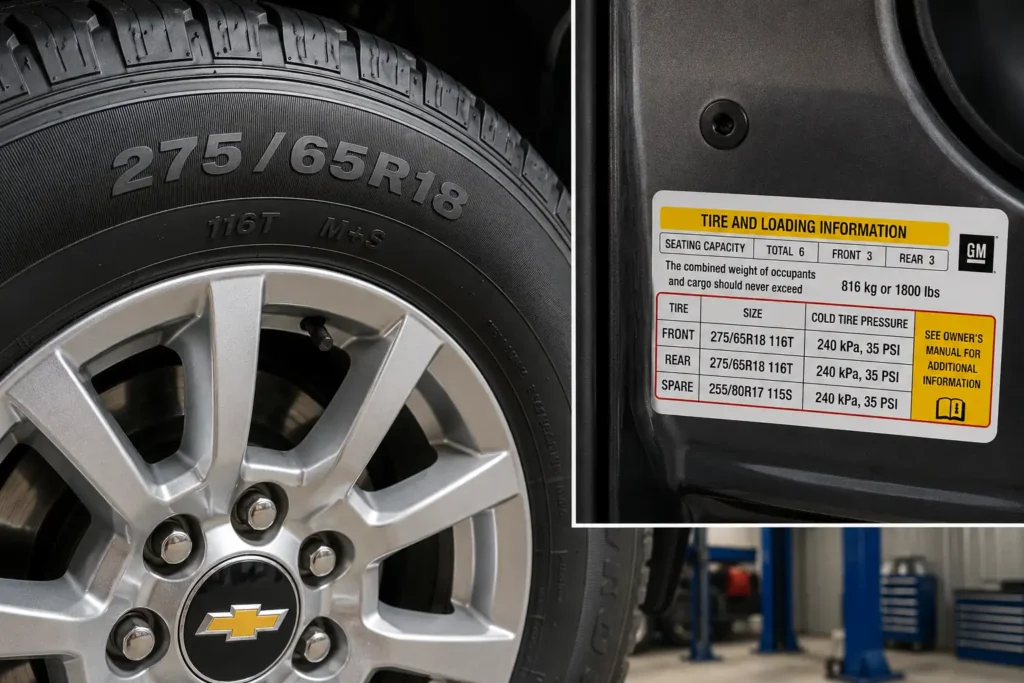 Silverado tire sidewall size markings and door placard sticker