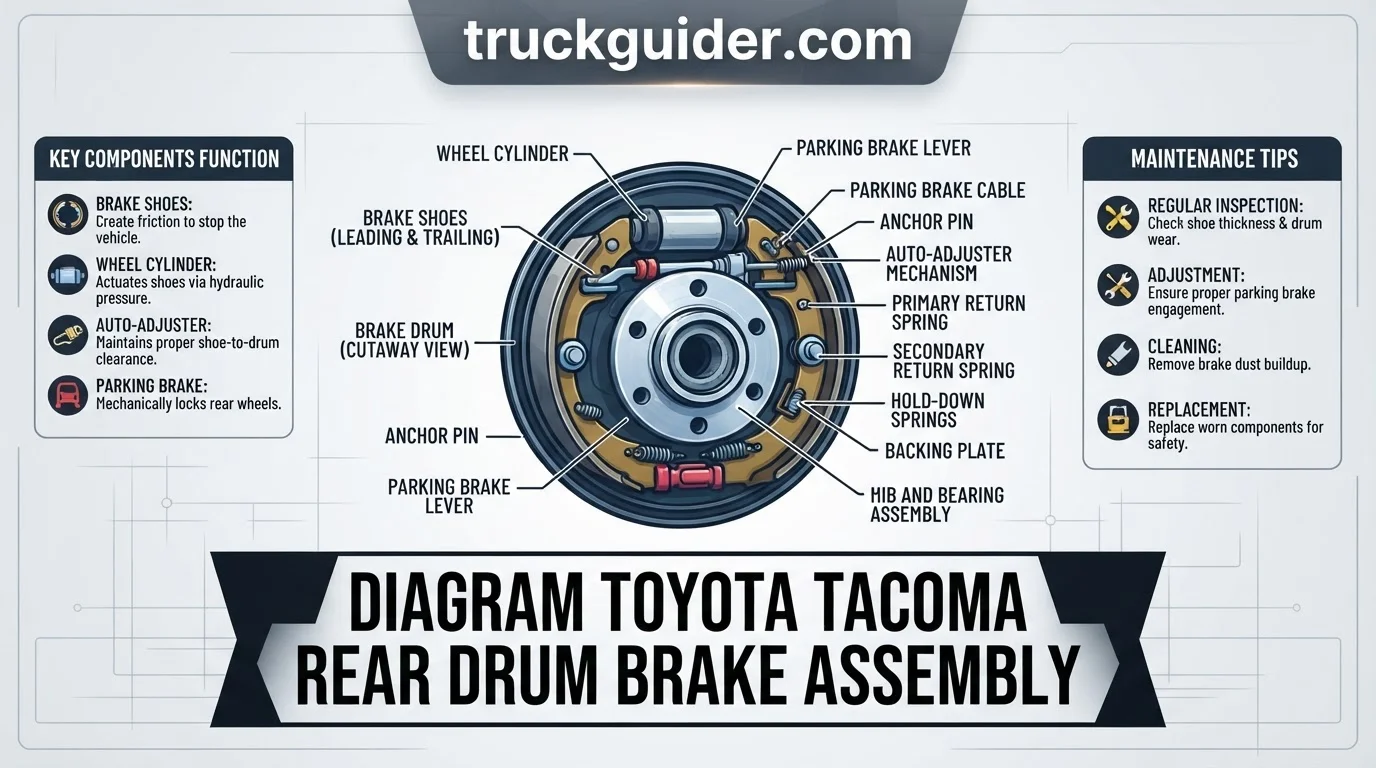 diagram toyota tacoma rear drum brake assembly with labeled components and connections