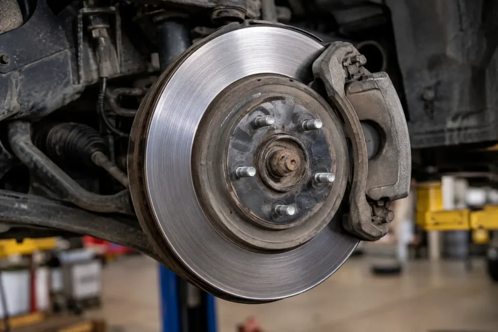 Dodge Ram brake rotor and caliper assembly with wheel removed

