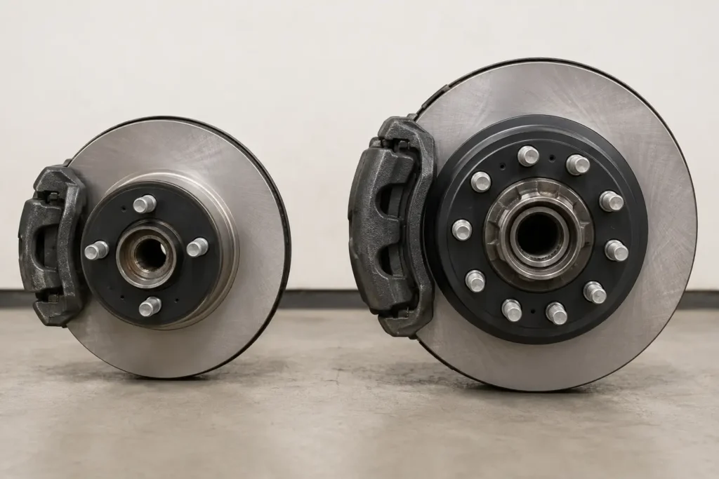 Ram 1500 5-lug hub next to larger Ram 2500 8-lug brake hub