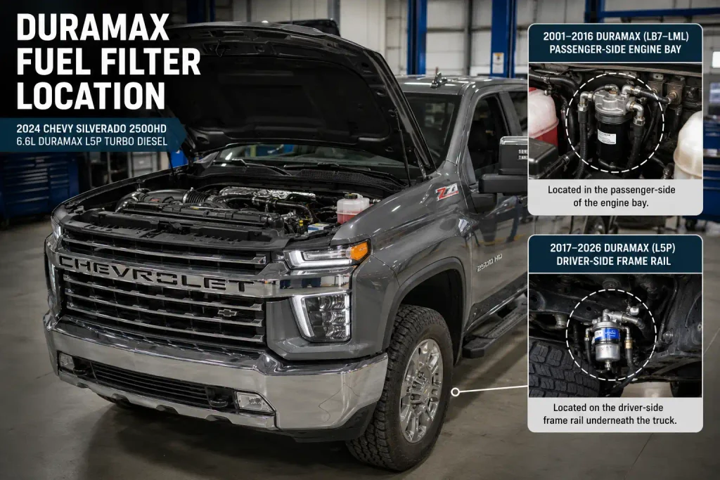 Duramax fuel filter location on Chevrolet Silverado HD diesel truck