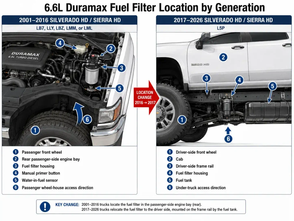Duramax fuel filter location diagram for 2001 to 2026 trucks