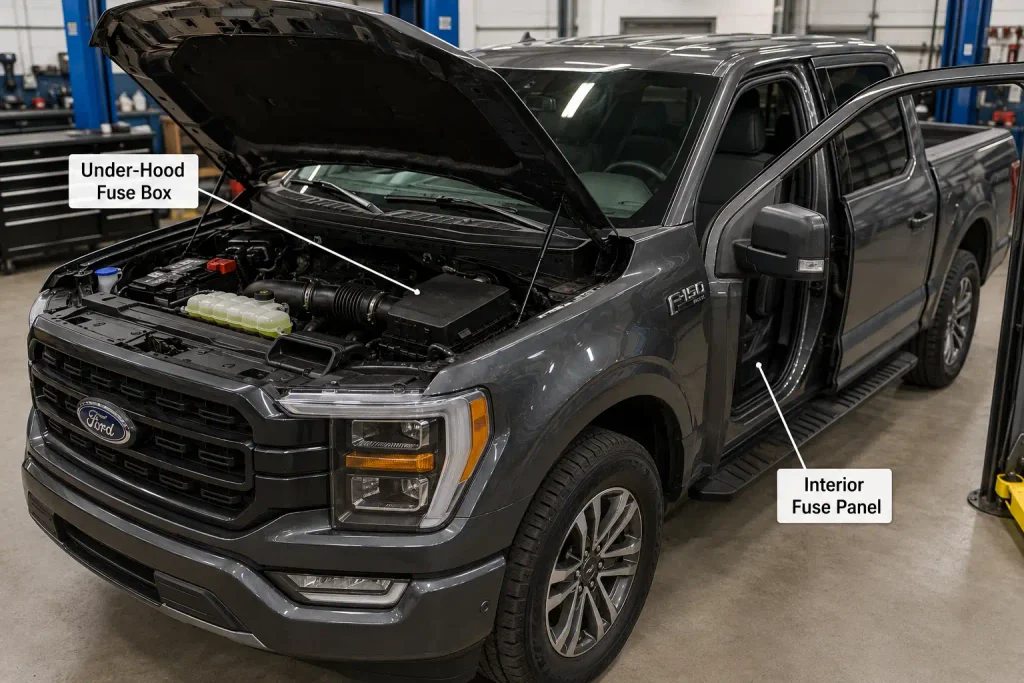 Ford F150 fuse box diagram showing interior and under hood locations