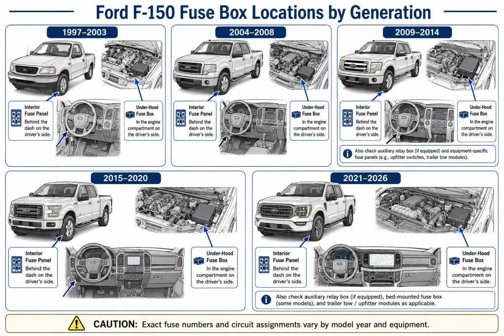 Ford F150 fuse box diagram by generation from 1997 to 2026