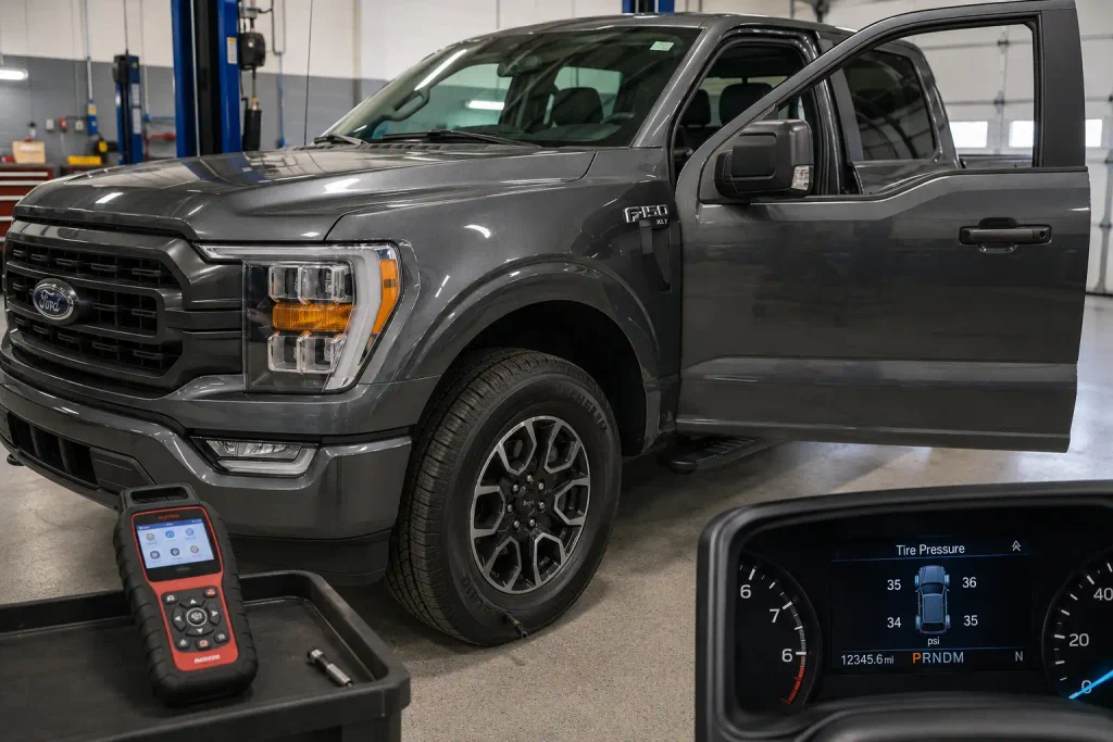 Ford F150 TPMS reset with tire pressure sensor training in workshop