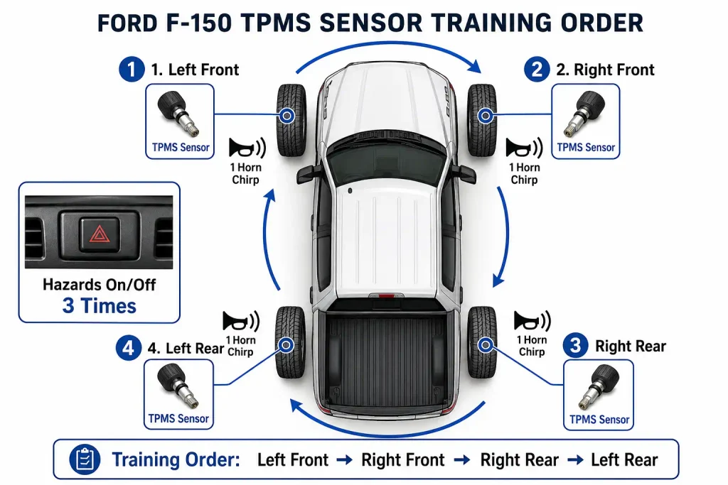 Ford F150 TPMS reset diagram showing clockwise sensor training order