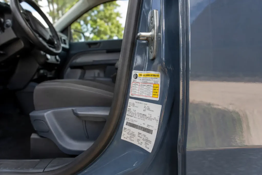 Ford Maverick door label showing where to verify payload capacity