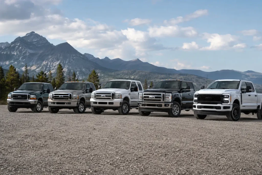 Ford Super Duty generations chart showing F-250 designs from 1999 to 2026